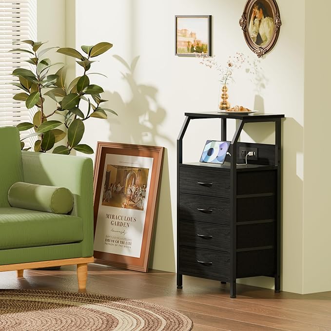 Furnulem Night Stand with Charging Station, 4 Drawer Dresser with Storage She...