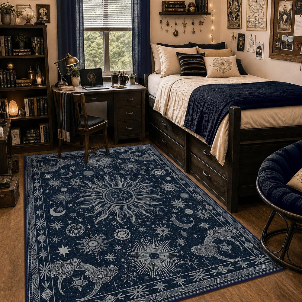 Vacuum-Friendly, 5x7 Washable Area Rug, Blue Gray White