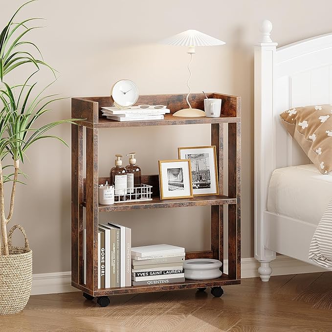 ALISENED 3 Tier Nightstand with Wheels, Wood Small Bookshelf and Bookcase, Fa...