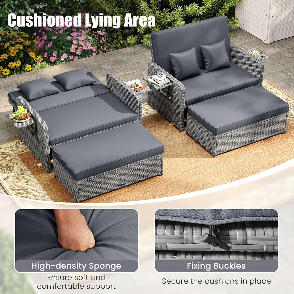Tangkula Patio Rattan Daybed with 4-Level Adjustable Backrest, Grey Cushion