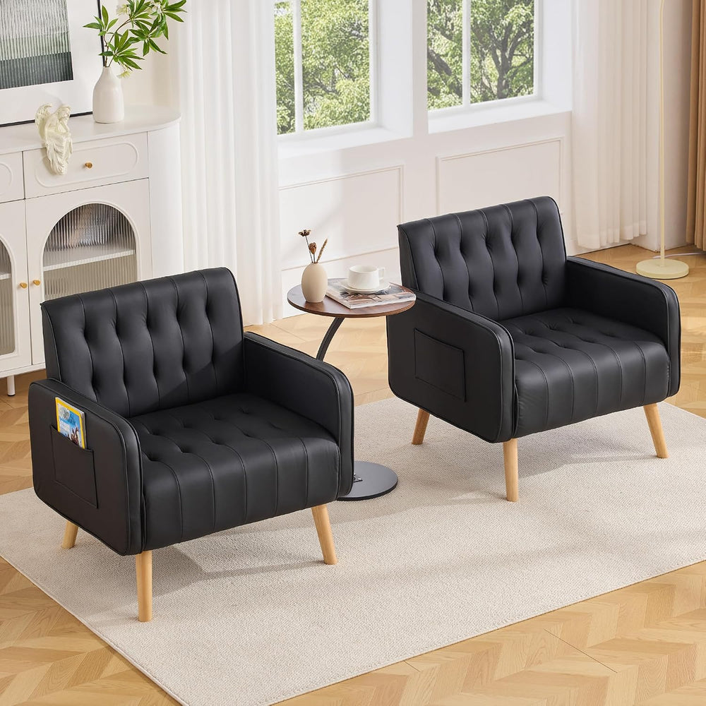 Leather Accent Chair Set of 2, Living Room Chair with Wooden Legs (Black)