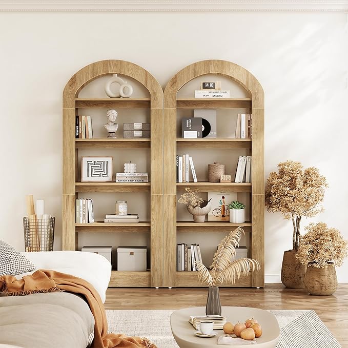 LITTLE TREE 5-Tier Bookshelf, Arch-Shaped Racks, Tall Standing Wooden Bookcas...