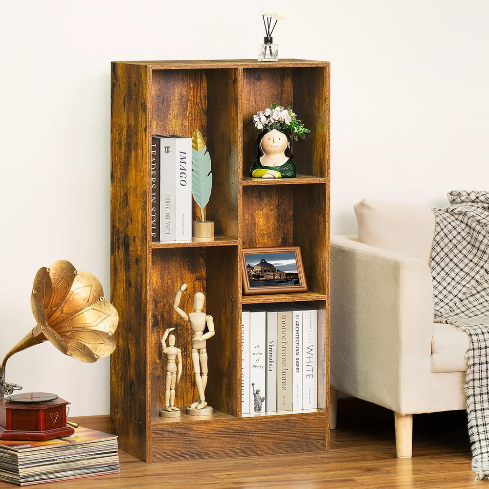 LEYAOYAO 5 Cube Mid-Century Modern Brown Wood Bookcase, 3 Tier Storage Organi...