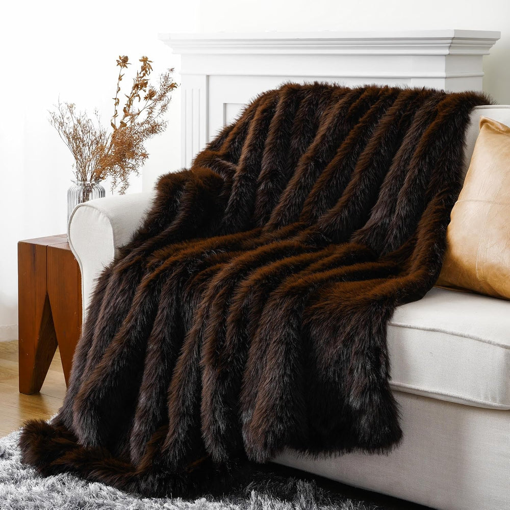 Battilo Faux Fur Throw Blanket, Luxury Fluffy Brown Blankets, 50"x60"