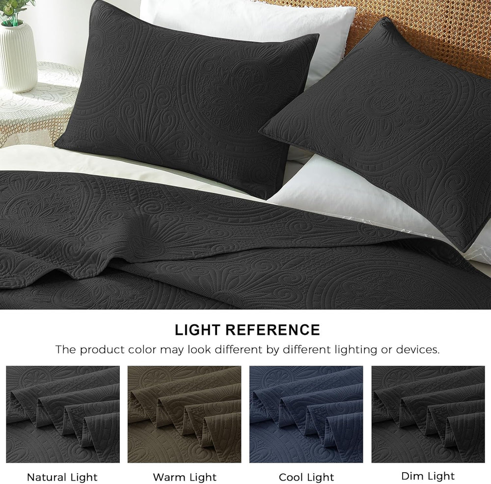 WURUIBO King/Cal King Quilt Set Black,Ultrasonic Embossed Bedspread, Lightwei...