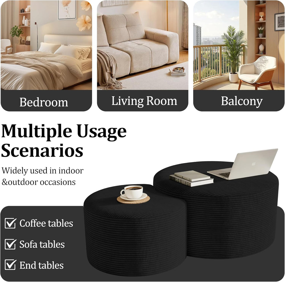 Round Nesting Coffee Table Set of 2,Upholstered Foam Ottoman Footrest Side Ta...