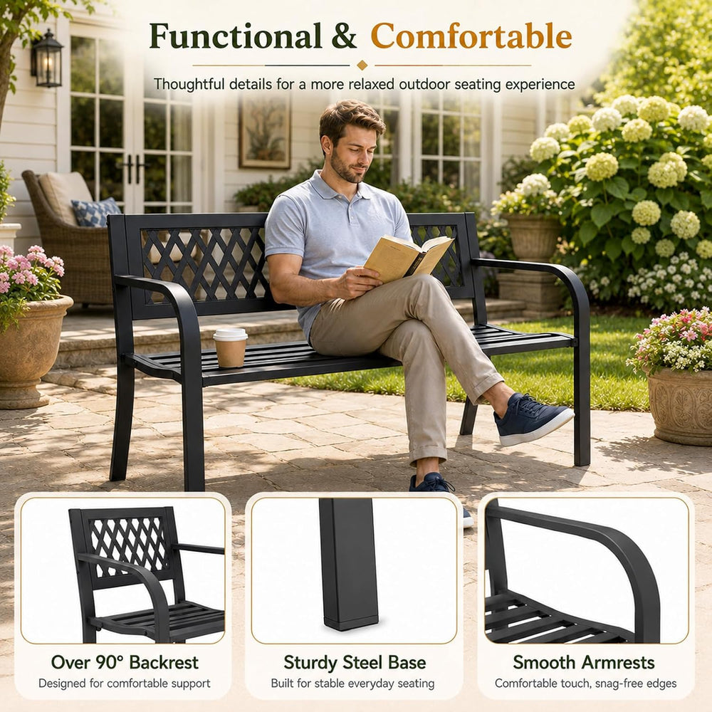 47" Outdoor Garden Bench, Metal Patio Bench with Backrest, Black