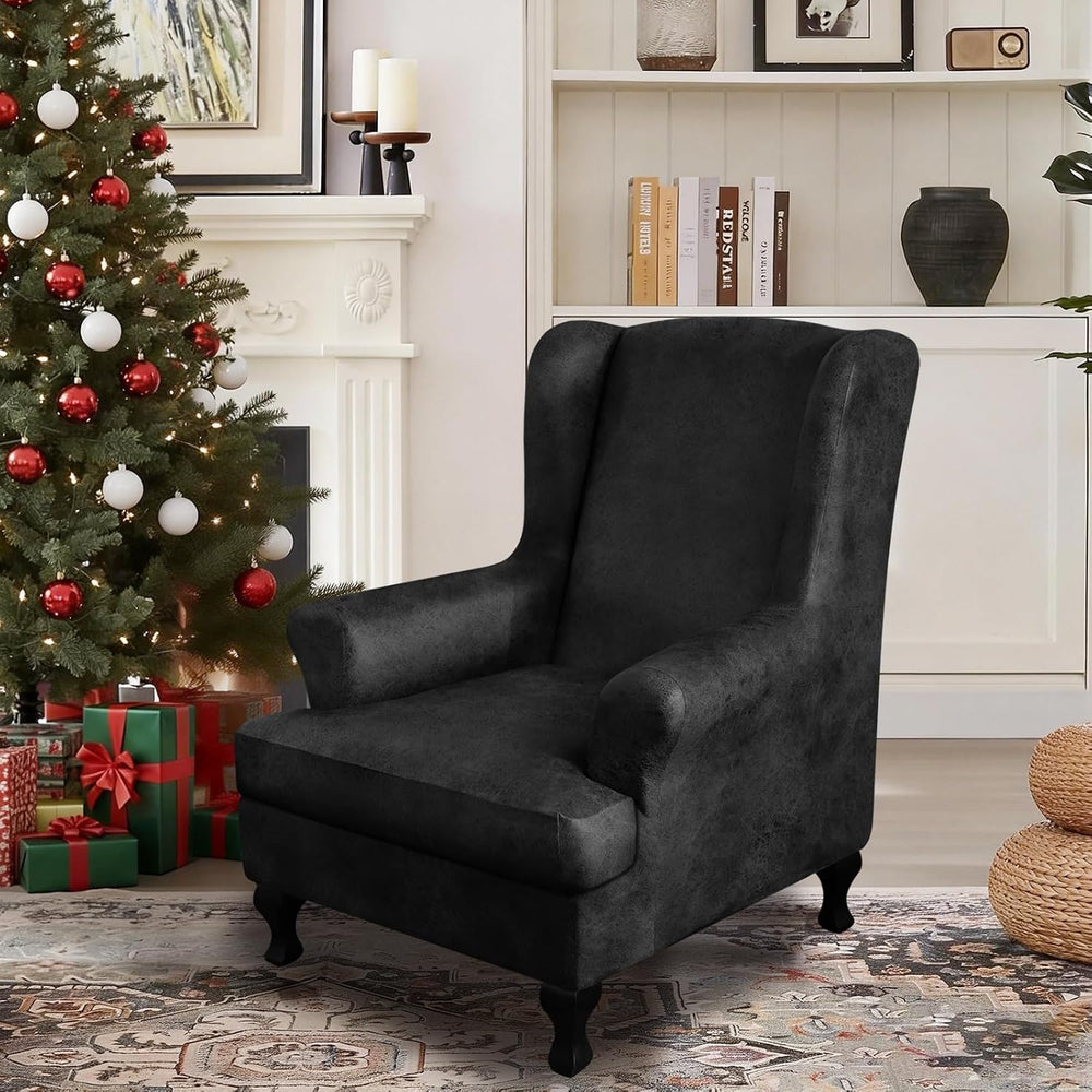 ANARACHON Leather Look Wingback Chair Covers, 2-Piece Wing Chair slipcover, S...