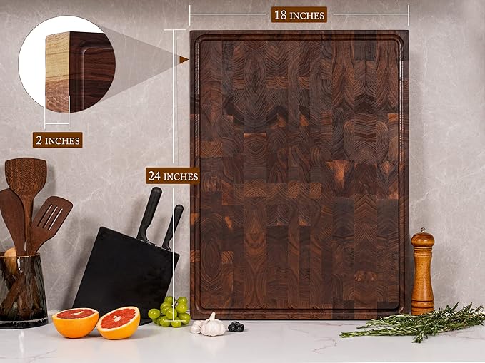 AZRHOM Extra Large Thick Walnut Wood End Grain Cutting Board 24x18x2 In