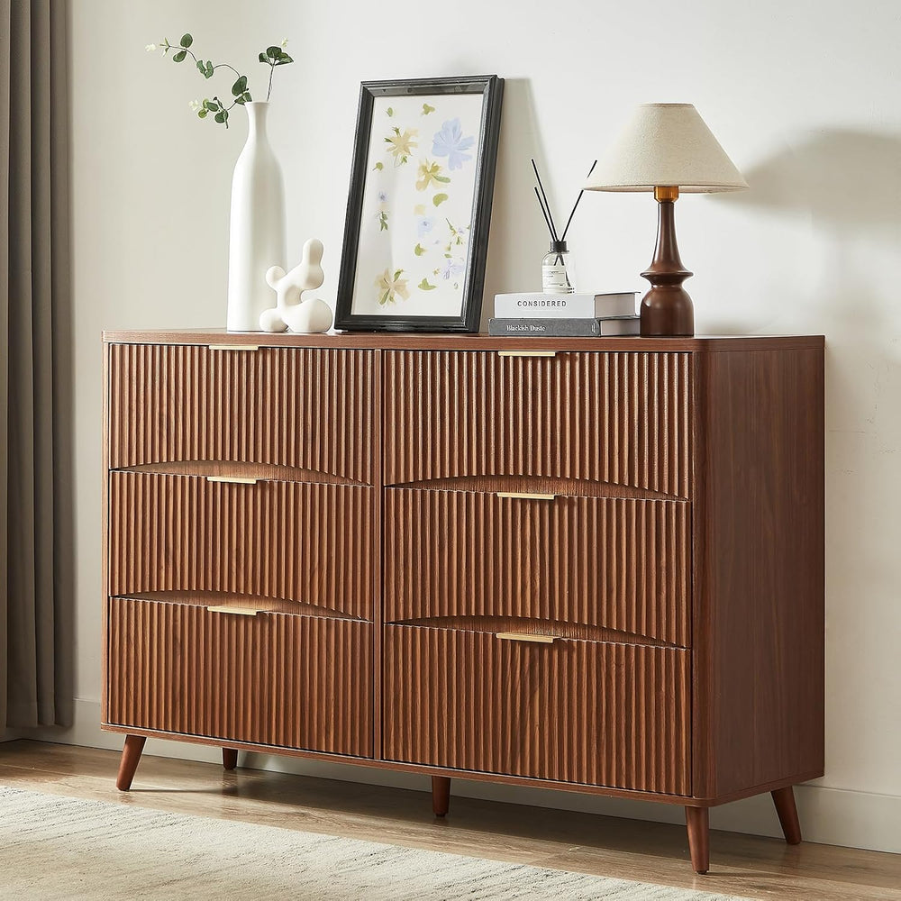 Evermagin 3-Piece Bedroom Set, 54" 6-Drawer Dresser, 2 Nightstands, Walnut