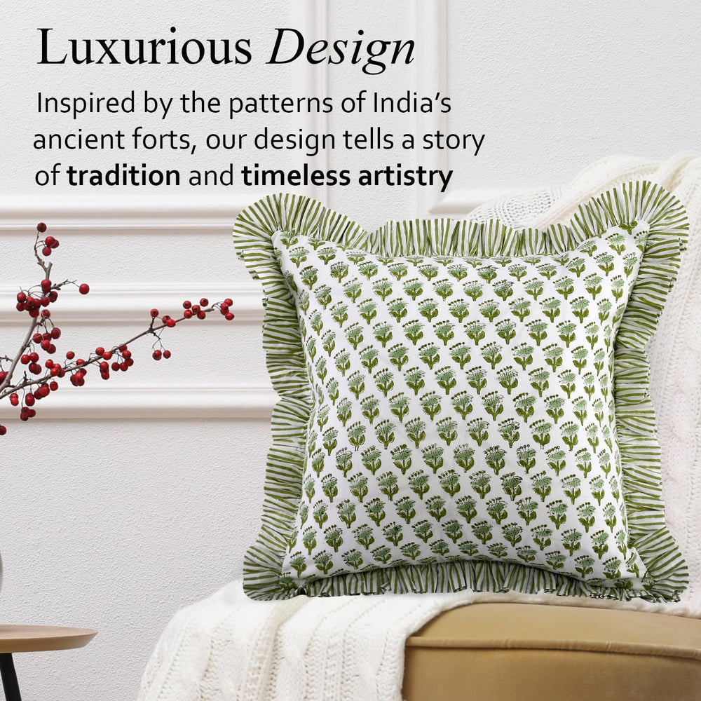 CPC Emerald Green Block Print Ruffle Pillow Cover 20x20 Inch, Pack of 2