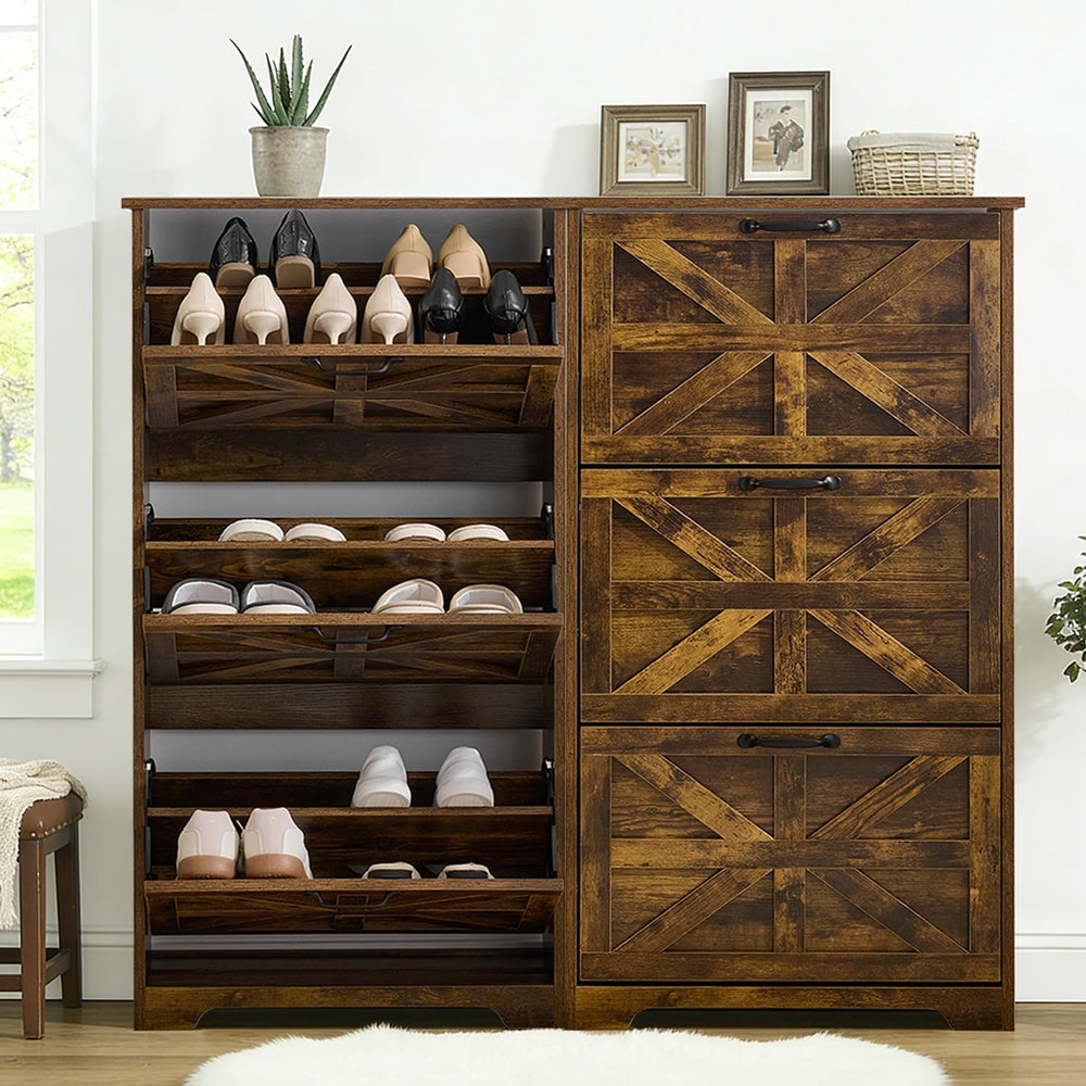 Shoe Storage Cabinet with 3 Flip Drawers, Farmhouse Shoe Organizer with Barn ...