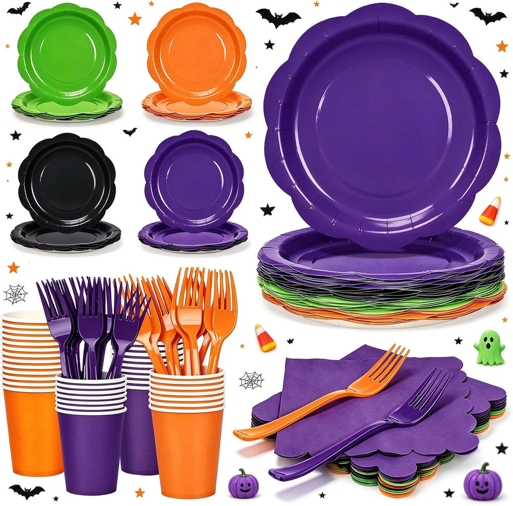 192Pcs Purple Orange Balck Plates and Napkins Party Supplies, Disposable 9’’ ...