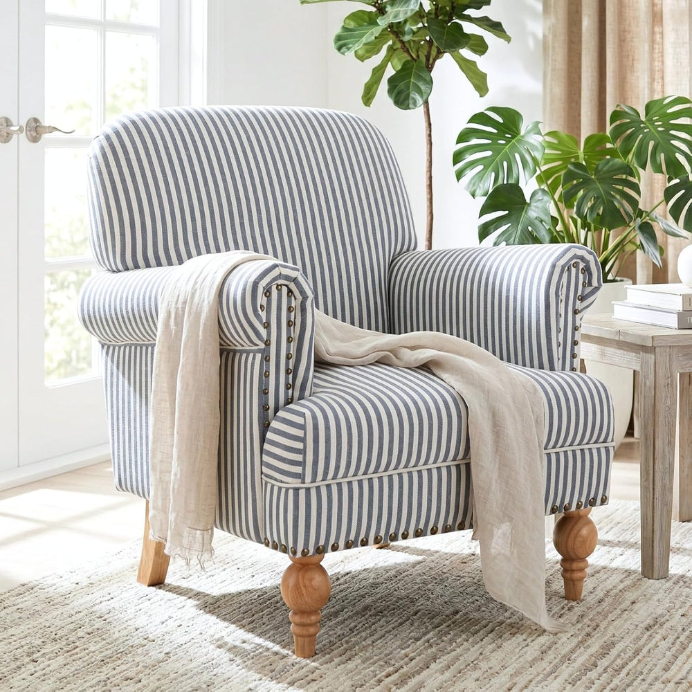 Blue Striped Linen Fabric Accent Chair, Coastal Upholstered Armchair with Nai...