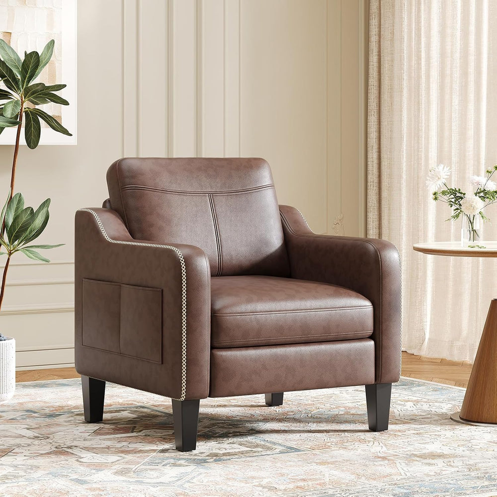 MALOL PU Leather Accent Chair, Mid-Century Modern Living Room Armchair Sofa w...