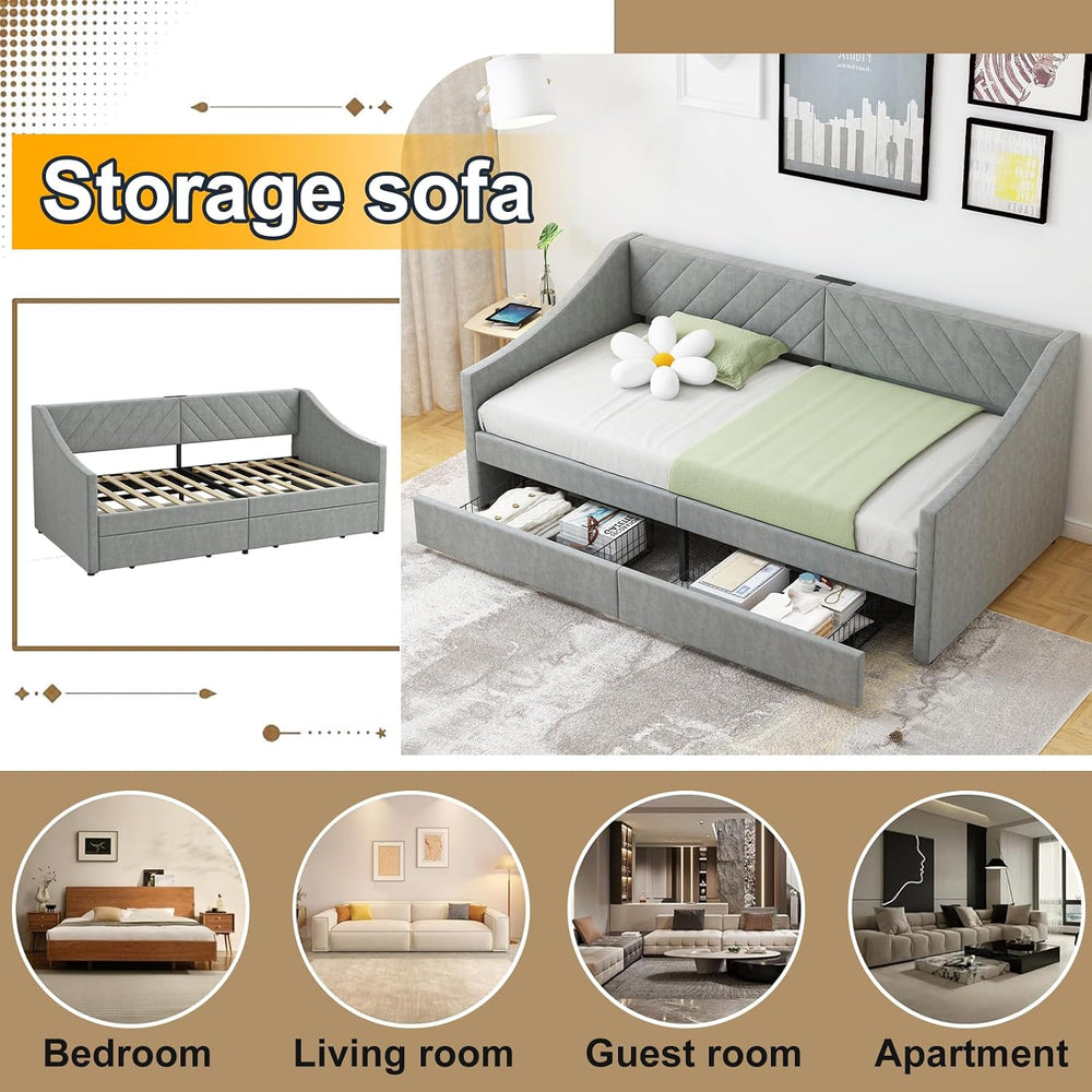 Twin Daybed with Upholstered Headboard and Charging Station, Daybed with Trun...