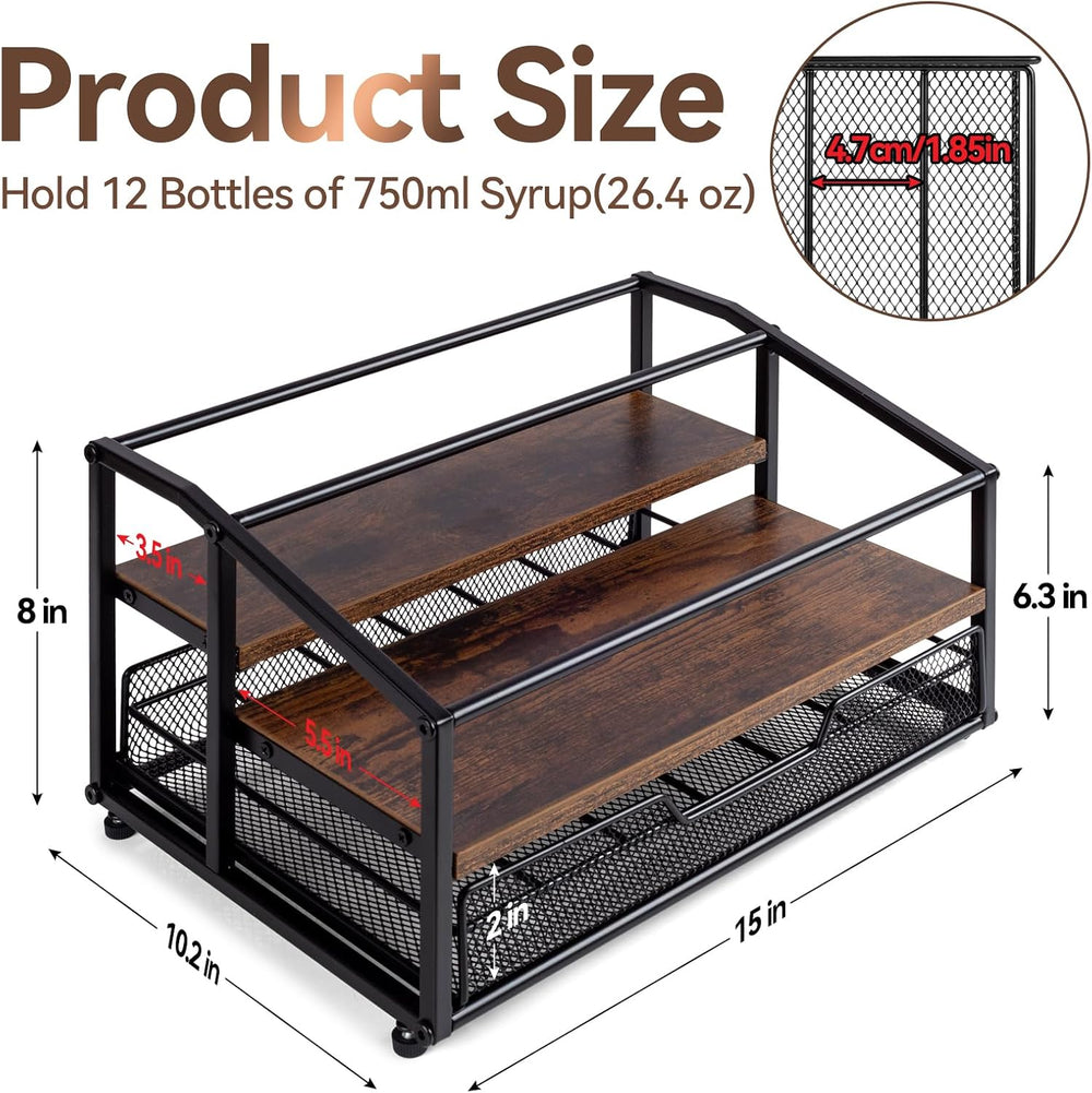 kimilus Coffee Syrup Rack Organizer, 3-Tier 8 Bottle Syrup Rack with 35 K Cup...