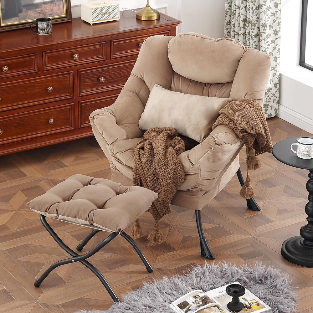 Lazy Chair with Ottoman, Comfy Chair with Pillow,Pure Khaki