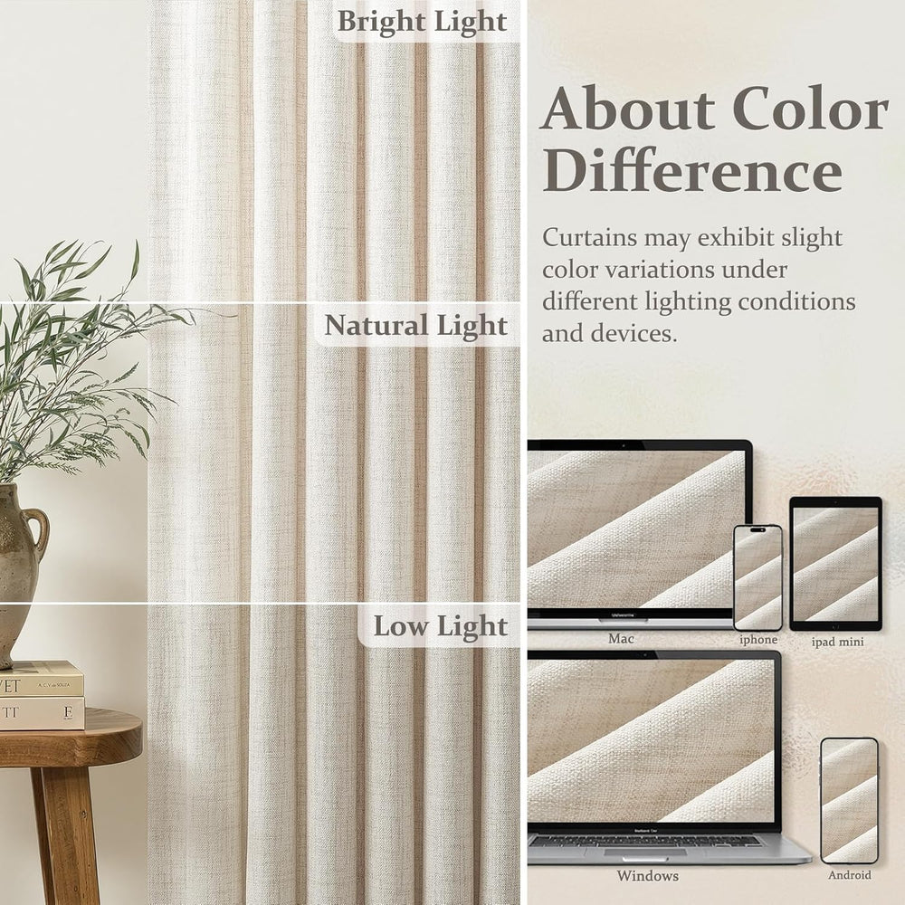 Pinch Pleated Linen 50 Inch Wide Curtains 96 Inches Long for Living Room, Mem...