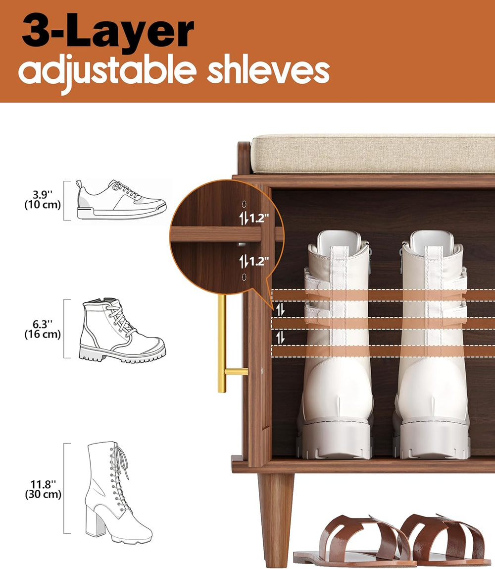 Akxomel Rattan Shoe Storage Bench with Cushion, 2-Tier Entryway Bench with Ad...