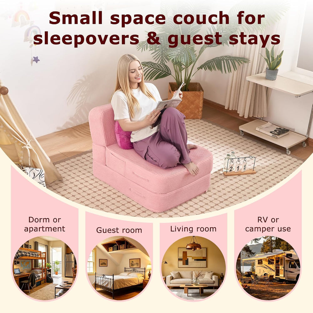 Folding Convertible Sofa Bed, Sleeper Chair for Guest, Single, Pink