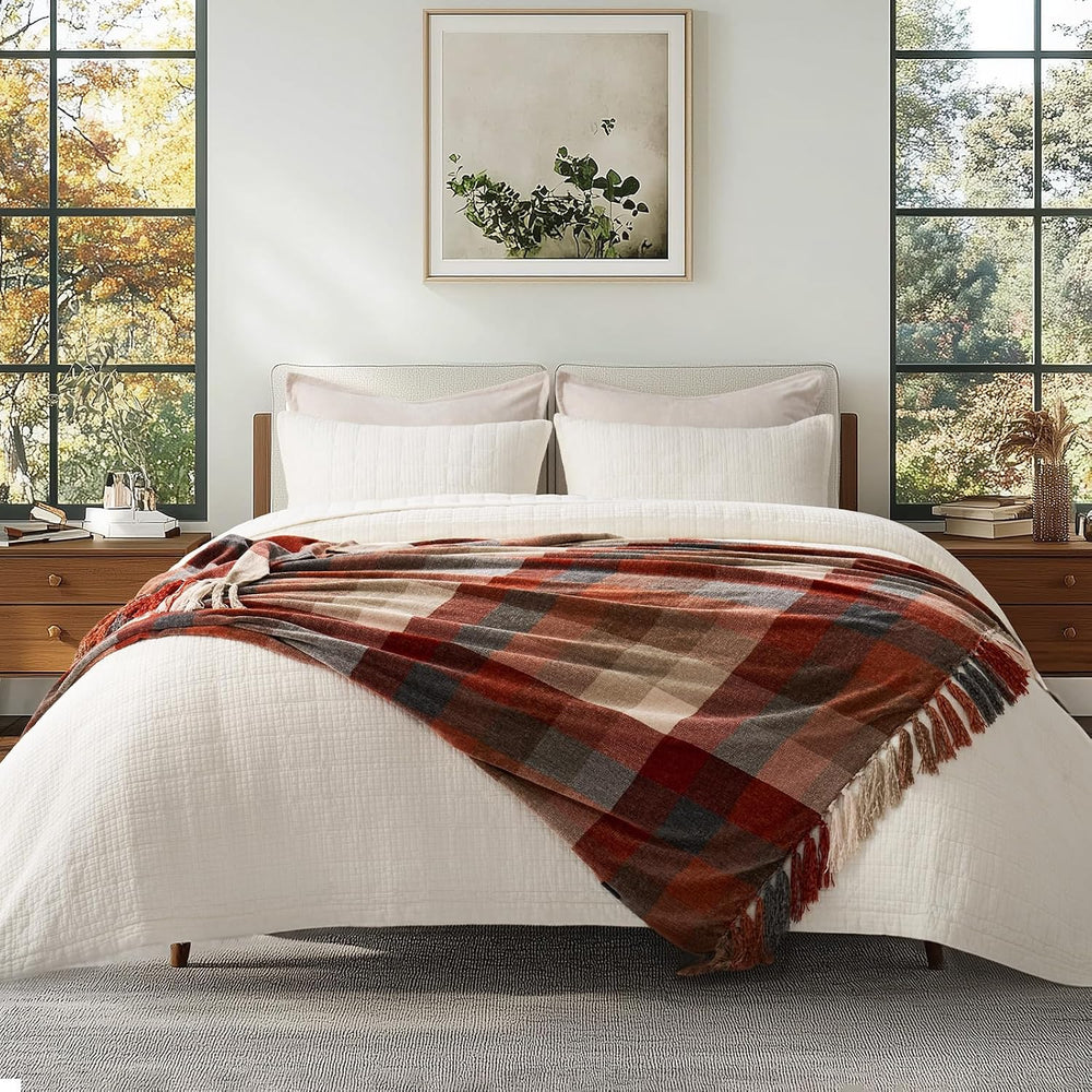 Plaid Chenille Fall Throw Blanket, 50"x60", Harvest Orange Plaid