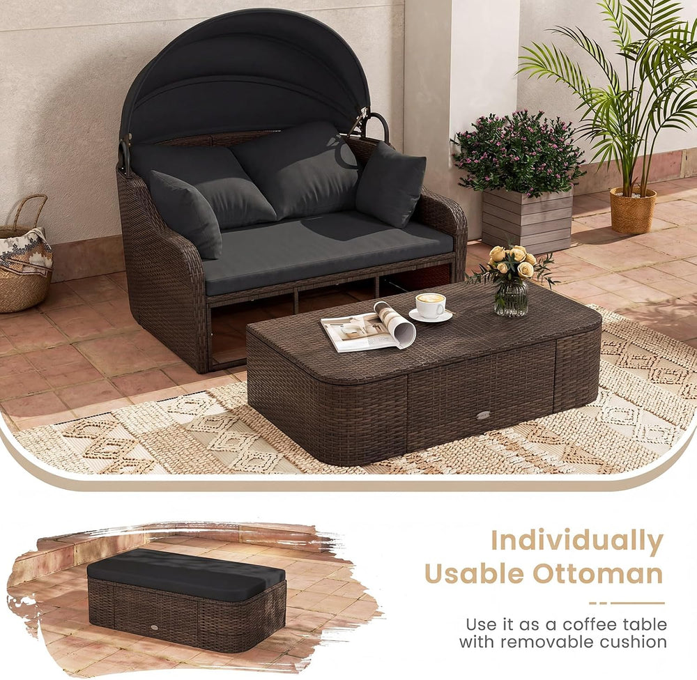 Tangkula PE Rattan Patio Daybed with Retractable Canopy, Double Lounge Bed