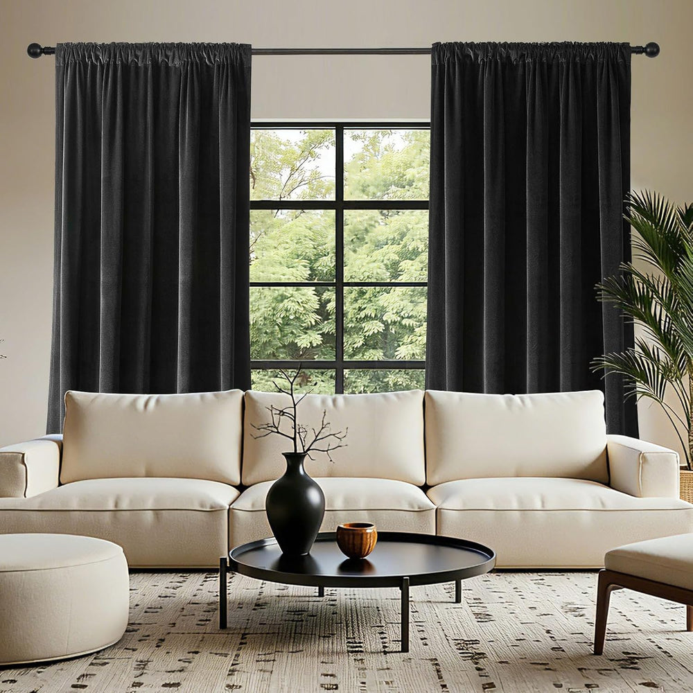 Joydeco Black Velvet Curtains 90 inch Length 2 Panels, Luxury Blackout Rod Po...