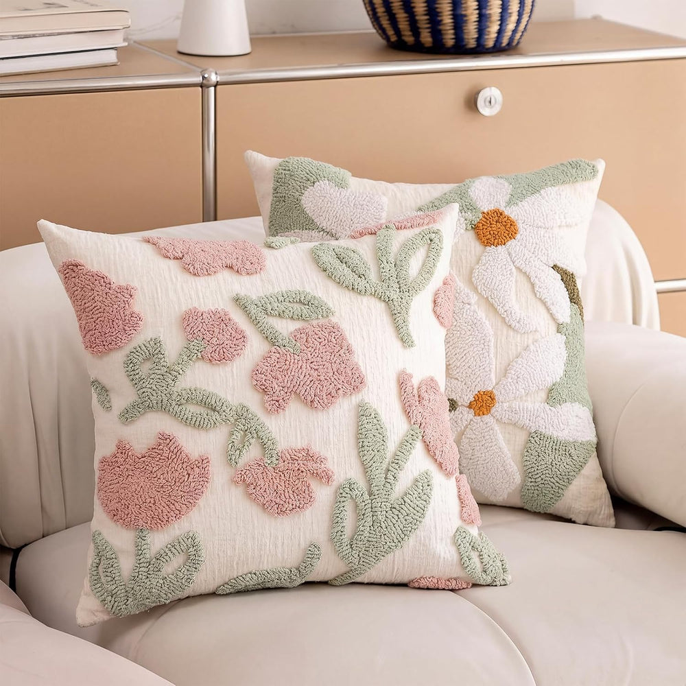 Premium Chenille Embroidered Throw Pillow Covers 18x18 Set of 2, Thick 3D Tuf...
