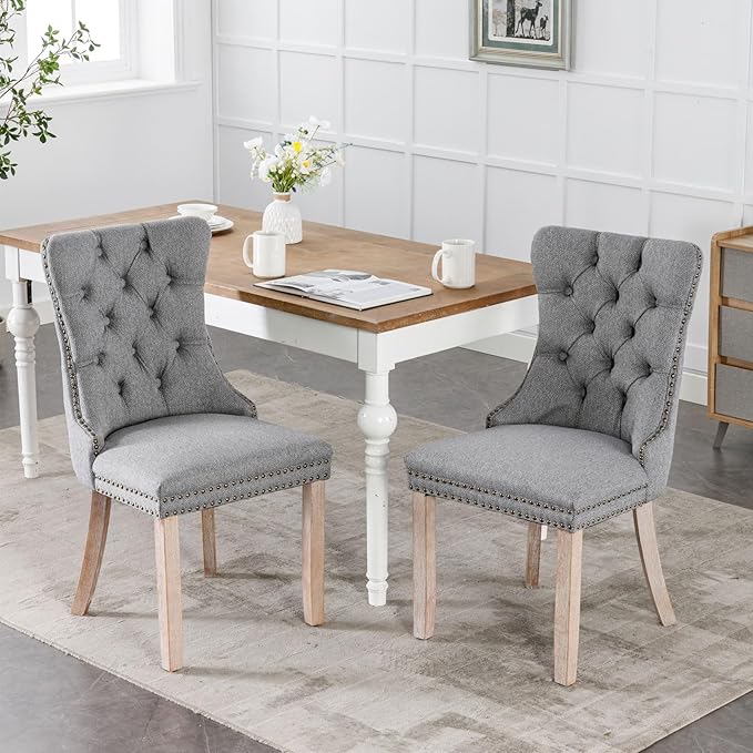 Dining Chairs Set of 6, Upholstered Tufted Linen Fabric Dining Room Chairs wi...