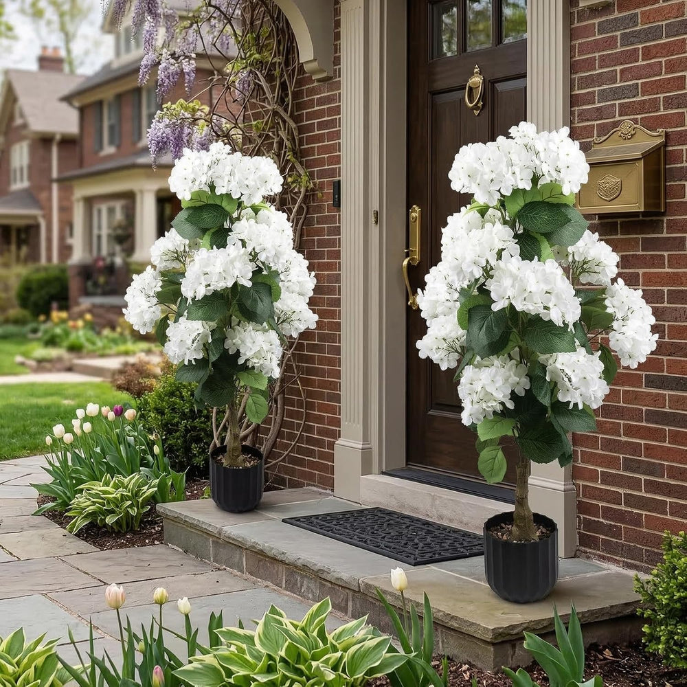 2 Pcs 3 Ft Artificial Hydrangea Trees Faux Potted Topiary for Outdoor