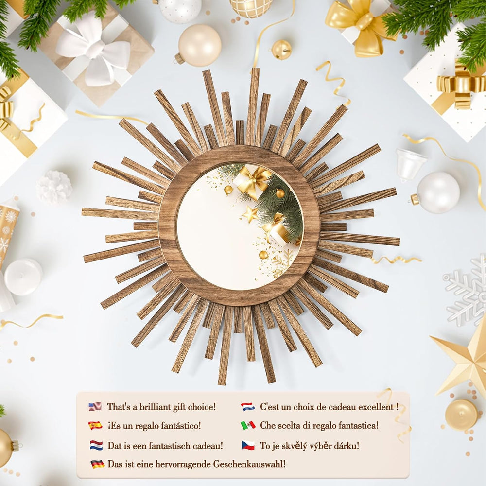 24 Inch Boho Sunburst Mirror, Round Wooden Wall Decor Starburst Sun Mirror fo...