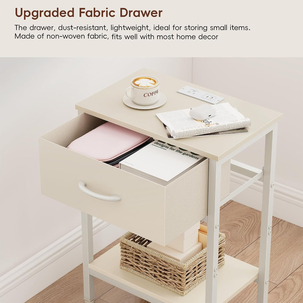 Vagusicc Nightstand with Charging Station, End Table with Fabric Drawer, Smal...