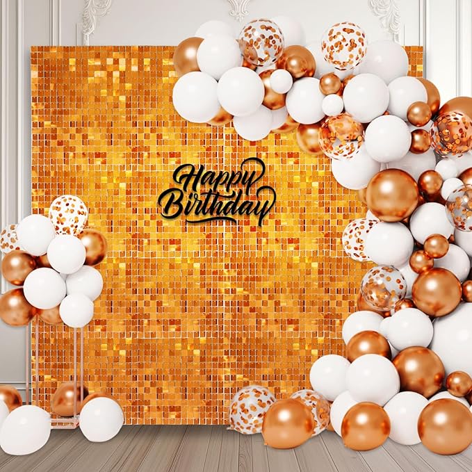 24PCS Orange Shimmer Wall Backdrop, Square Sequin Backdrops Panel, Glitter Wa...