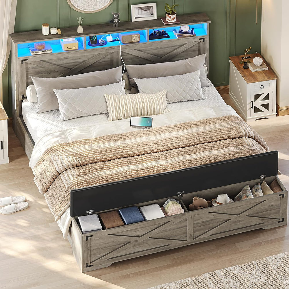 Queen Size Bed Frame with Storage Ottoman, Farmhouse Bed Frame with Charging ...