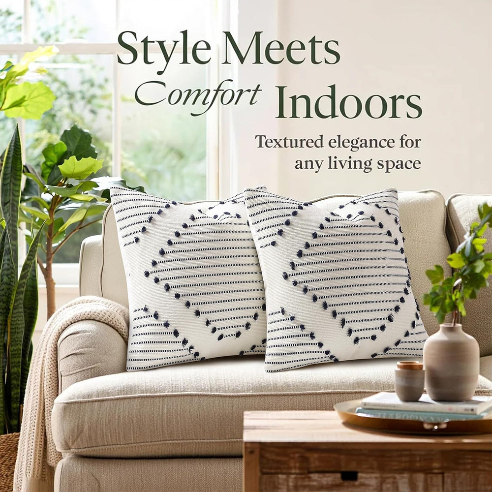 Mecatny Boho Outdoor Throw Pillow Covers 20x20 Set of 2 Navy & Cream White