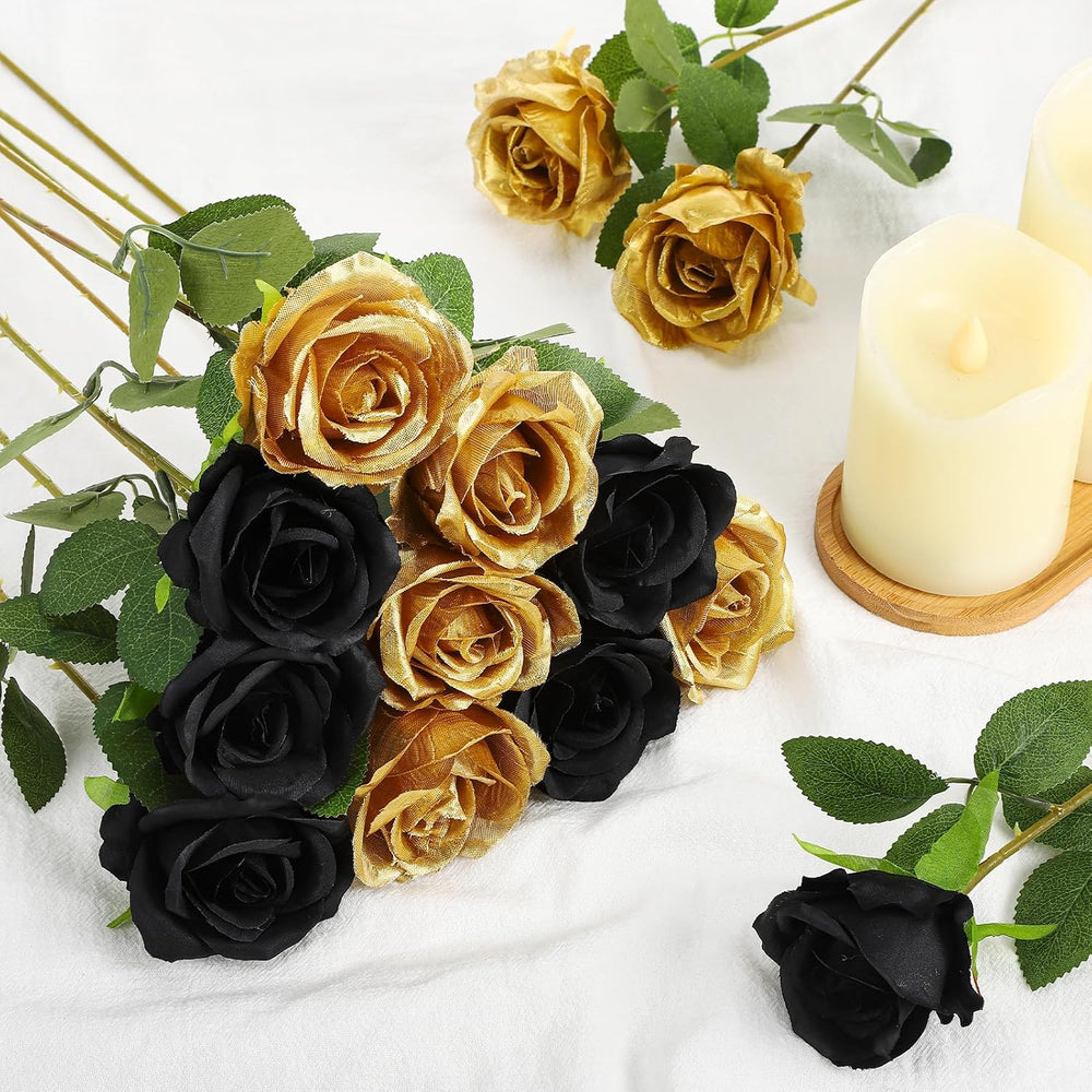 36 Pcs Silk Black Gold Rose Bouquet Bridal Artificial Flowers