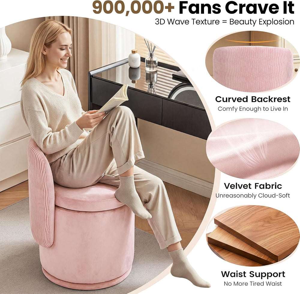 MALOL Velvet Swivel Vanity Chair with Storage, Pink | Modern Makeup Stool wit...