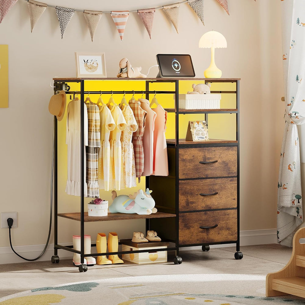 WLIVE LED Dresser for Bedroom, 3 Drawers with Hanging Rack, Rustic Brown