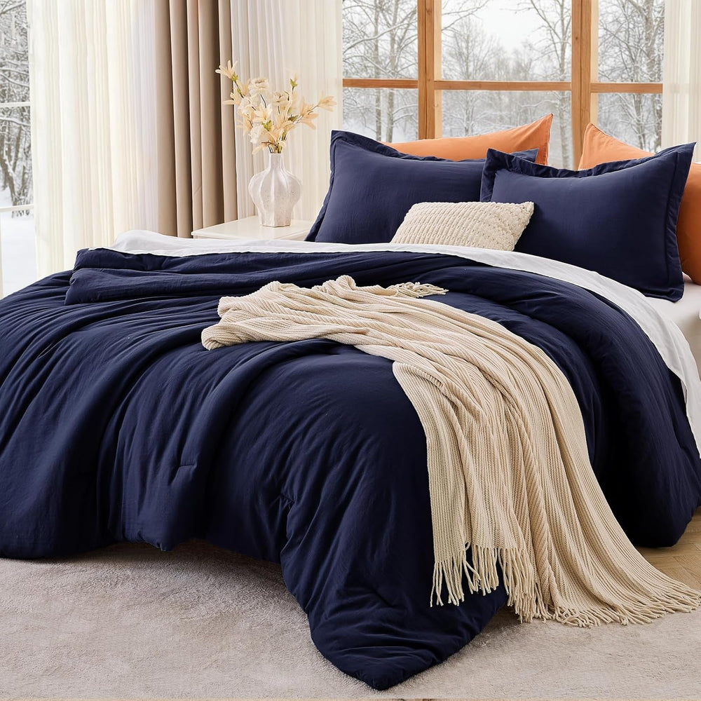 MUXHOMO King Comforter Set, 3-Piece All-Season Bedding, Navy Blue
