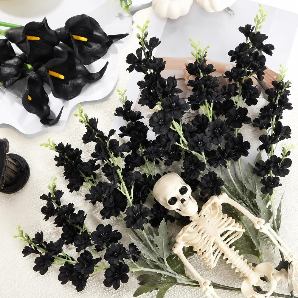 Thiccywoov 24 Pcs Halloween Black Delphinium Artificial Flower Bulk, 34.25"