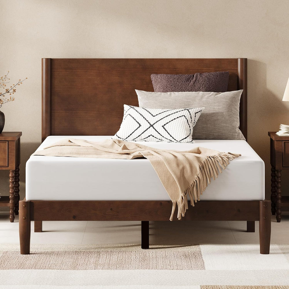 AMERLIFE Solid Wood Full Bed Frame, Mid Century Bed with Headboard, Walnut