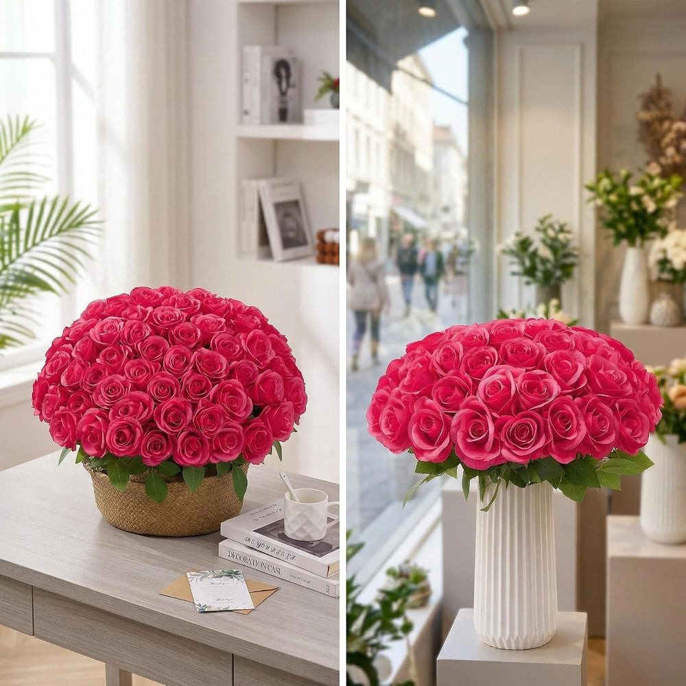 55 Pcs Hot Pink Roses Artificial Flowers Bulk, Artificial Roses Fake Flowers ...