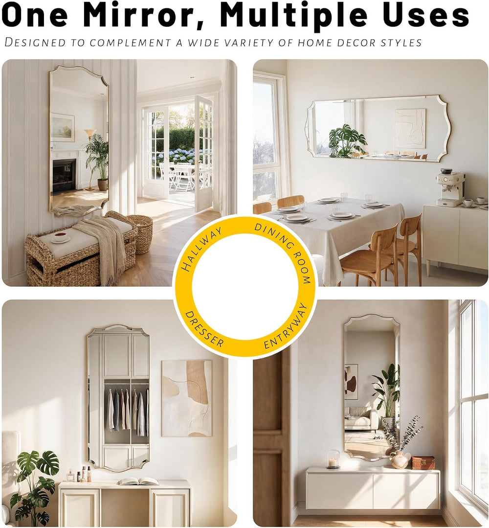 POZINO Scalloped Beveled Mirror 48"x18" Large Brushed Gold Bathroom...