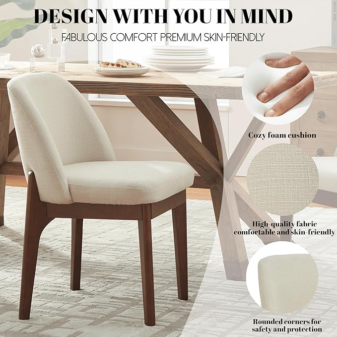 VKNOW Modern Dining Chairs, Fabric Kitchen Chairs with Wood Legs and Padded S...