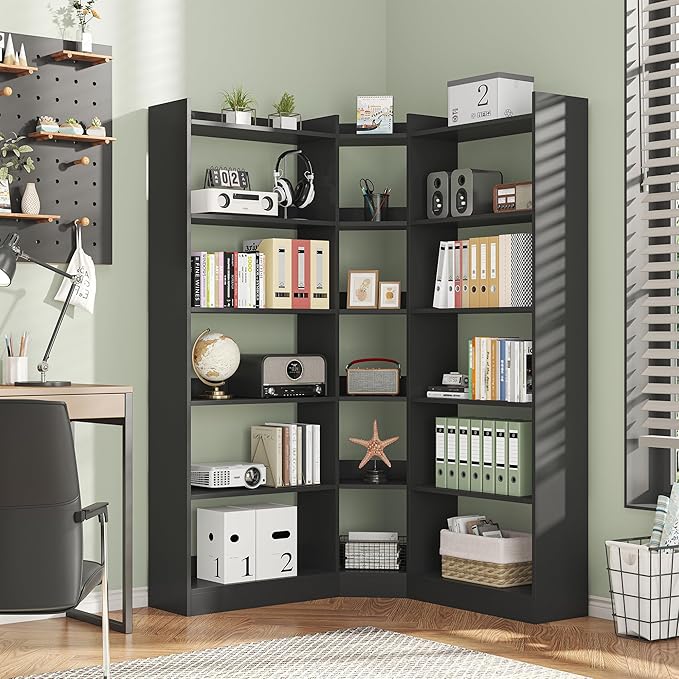 6 Tiers Corner Bookshelf, 63.1" Tall Modern Corner Etagere Bookcase Storage Display Rack Book Shelf with Baffle, Industrial L Shaped Bookshelves for Bedroom, Home Office, Living Room, Black