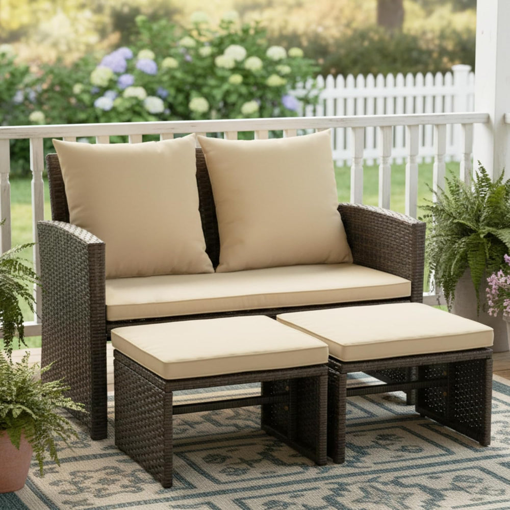 Tangkula Outdoor Loveseat with 2 Ottomans, 3 Pieces Patio PE Wicker Furniture...