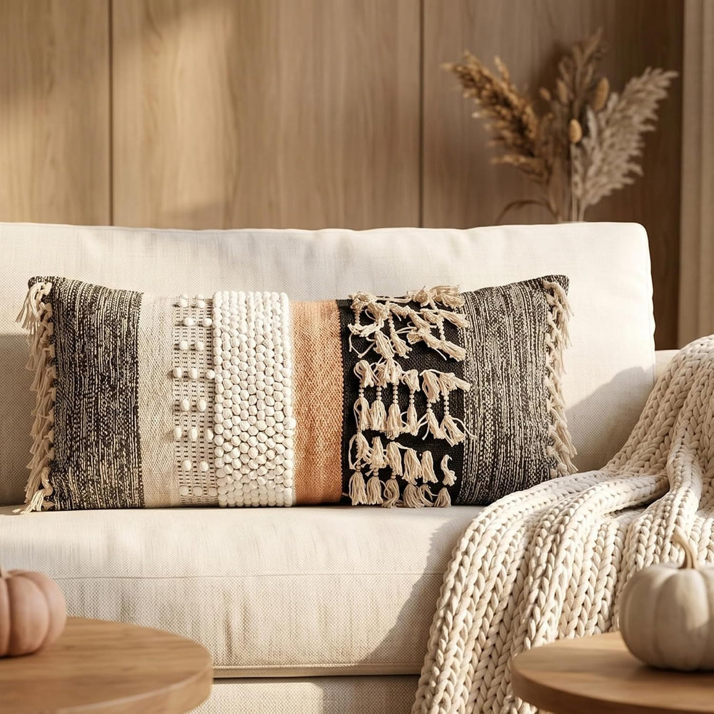 Boho Lumbar Pillow Cover 14x32, Handwoven Textured Cotton Long Throw Pillow C...