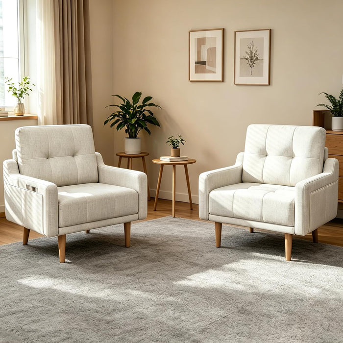 EJUNQ Accent Chair Set of 2, Armchair, Comfy Reading Chair with Side Storage Pocket, Modern Single Sofa Chair Corner Chair for Living Room, Bedroom,Small Spaces, White