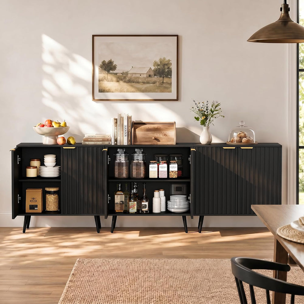 Vrullu Modern Storage Cabinet, Black Sideboard and Buffet Storage, Wood Accen...